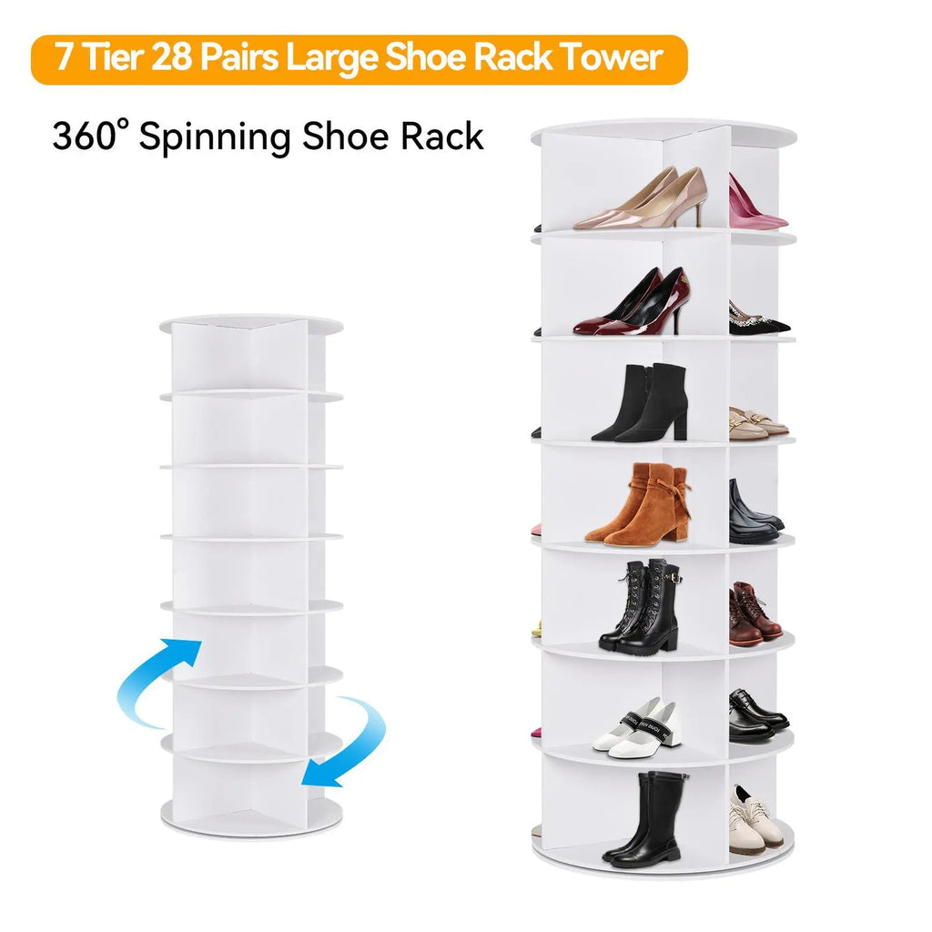 360° Rotating 7-Tier Round Shoe Carousel, Holds 28 Pairs Spinning Shoe Storage for Entryway Hallway