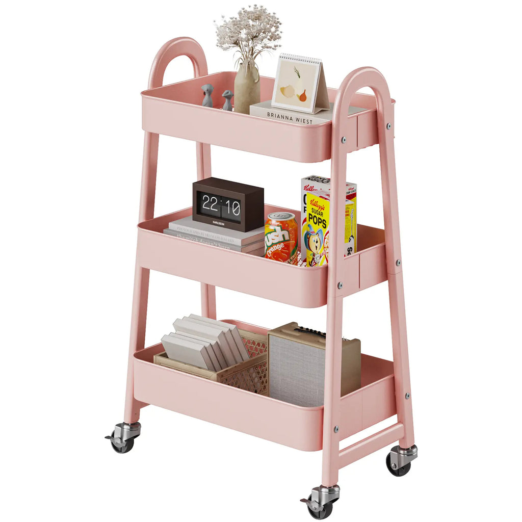 Space Saving 3 Layer Rolling Metal Organizer Rack, Mobile Storage Cart for Home Kitchen Bedroom