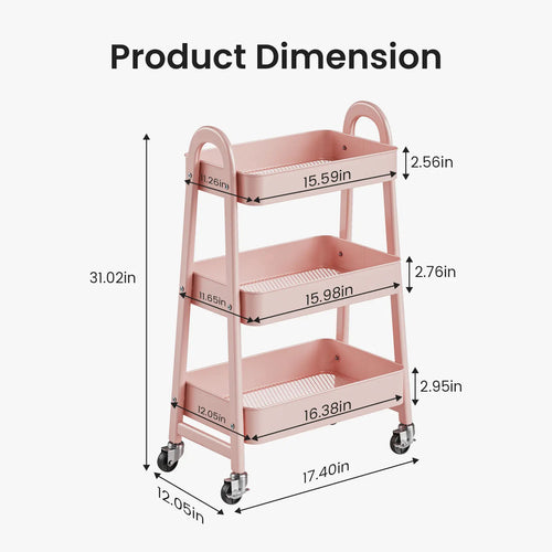 Space Saving 3 Layer Rolling Metal Organizer Rack, Mobile Storage Cart for Home Kitchen Bedroom