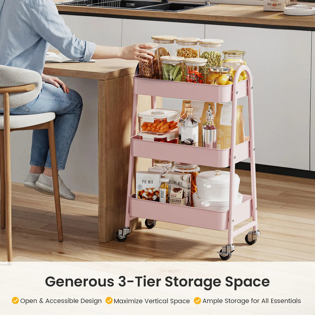 Space Saving 3 Layer Rolling Metal Organizer Rack, Mobile Storage Cart for Home Kitchen Bedroom