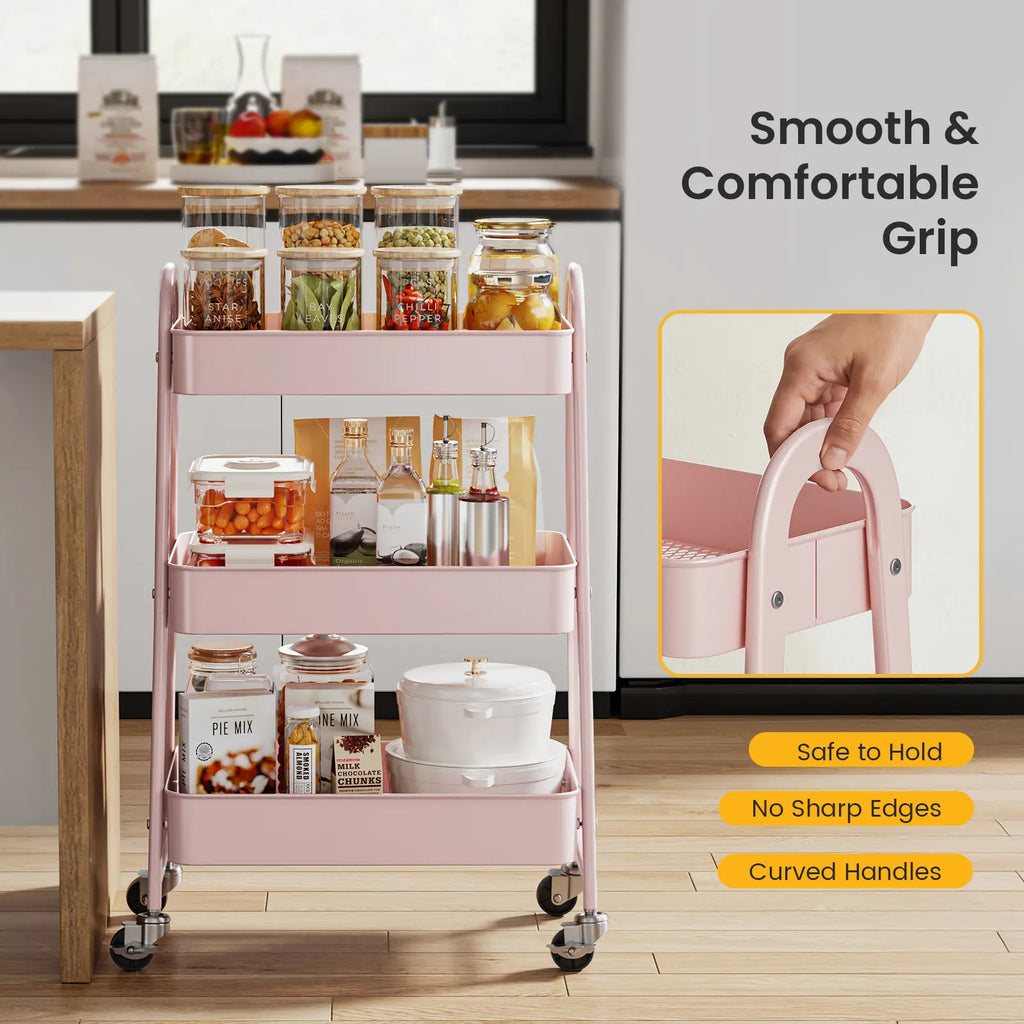 Space Saving 3 Layer Rolling Metal Organizer Rack, Mobile Storage Cart for Home Kitchen Bedroom