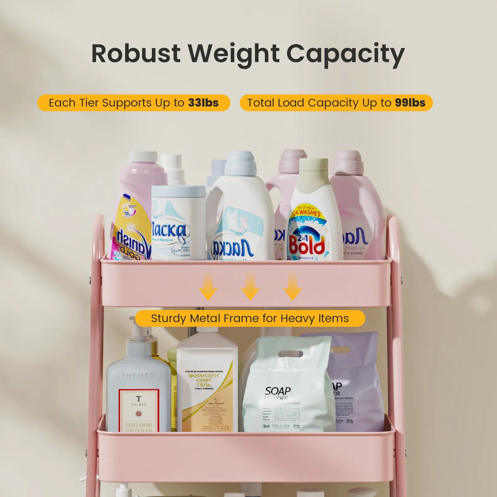 Space Saving 3 Layer Rolling Metal Organizer Rack, Mobile Storage Cart for Home Kitchen Bedroom
