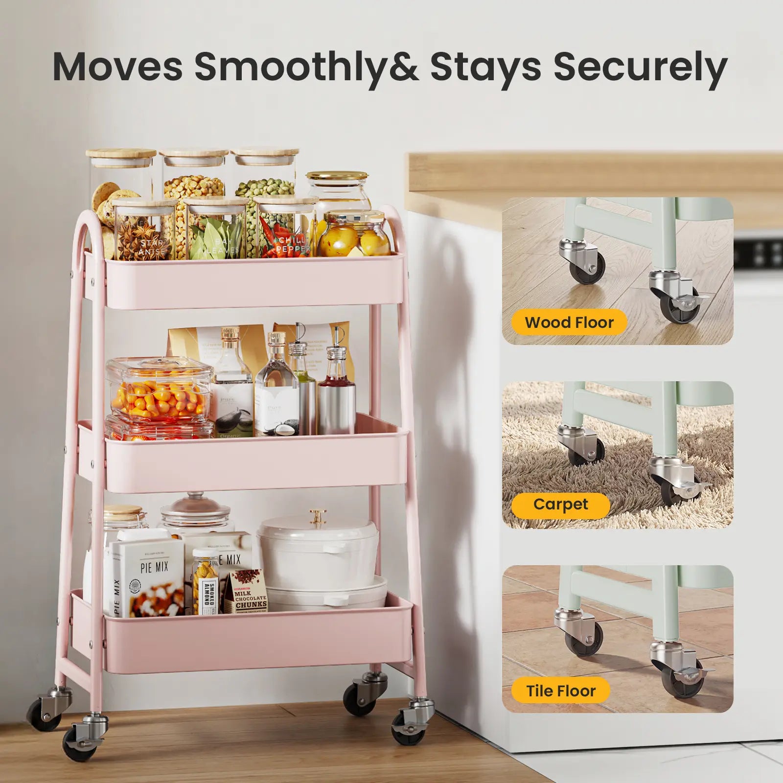 Space Saving 3 Layer Rolling Metal Organizer Rack, Mobile Storage Cart for Home Kitchen Bedroom