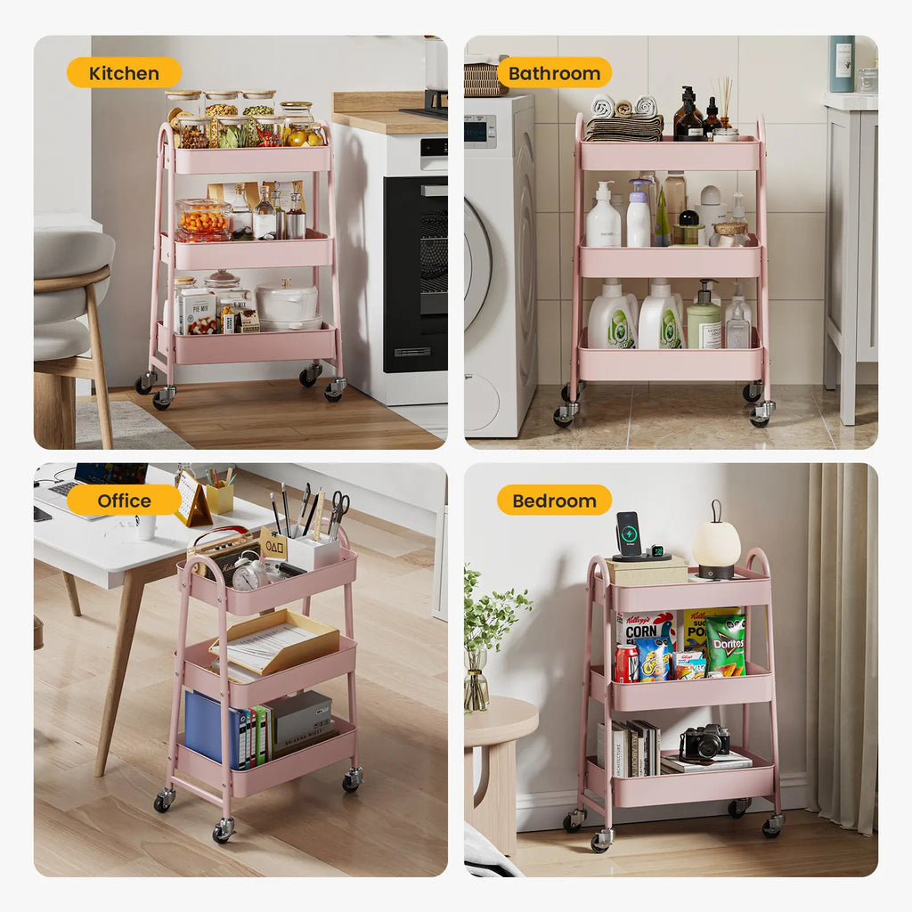 Space Saving 3 Layer Rolling Metal Organizer Rack, Mobile Storage Cart for Home Kitchen Bedroom