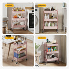Space Saving 3 Layer Rolling Metal Organizer Rack, Mobile Storage Cart for Home Kitchen Bedroom