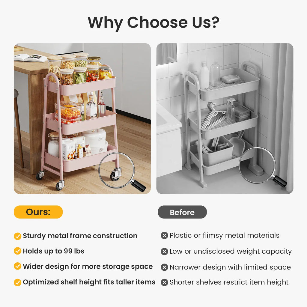 Space Saving 3 Layer Rolling Metal Organizer Rack, Mobile Storage Cart for Home Kitchen Bedroom